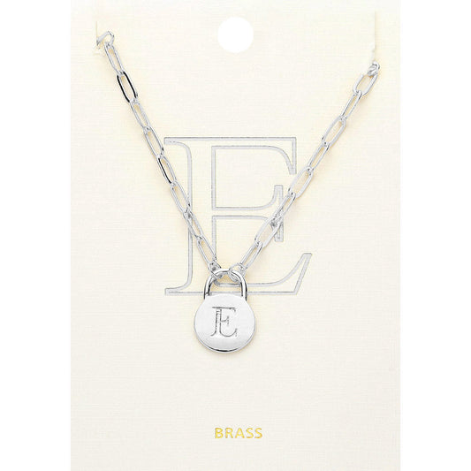 -E- Brass Metal Initial Monogram Lock Pendant Necklace