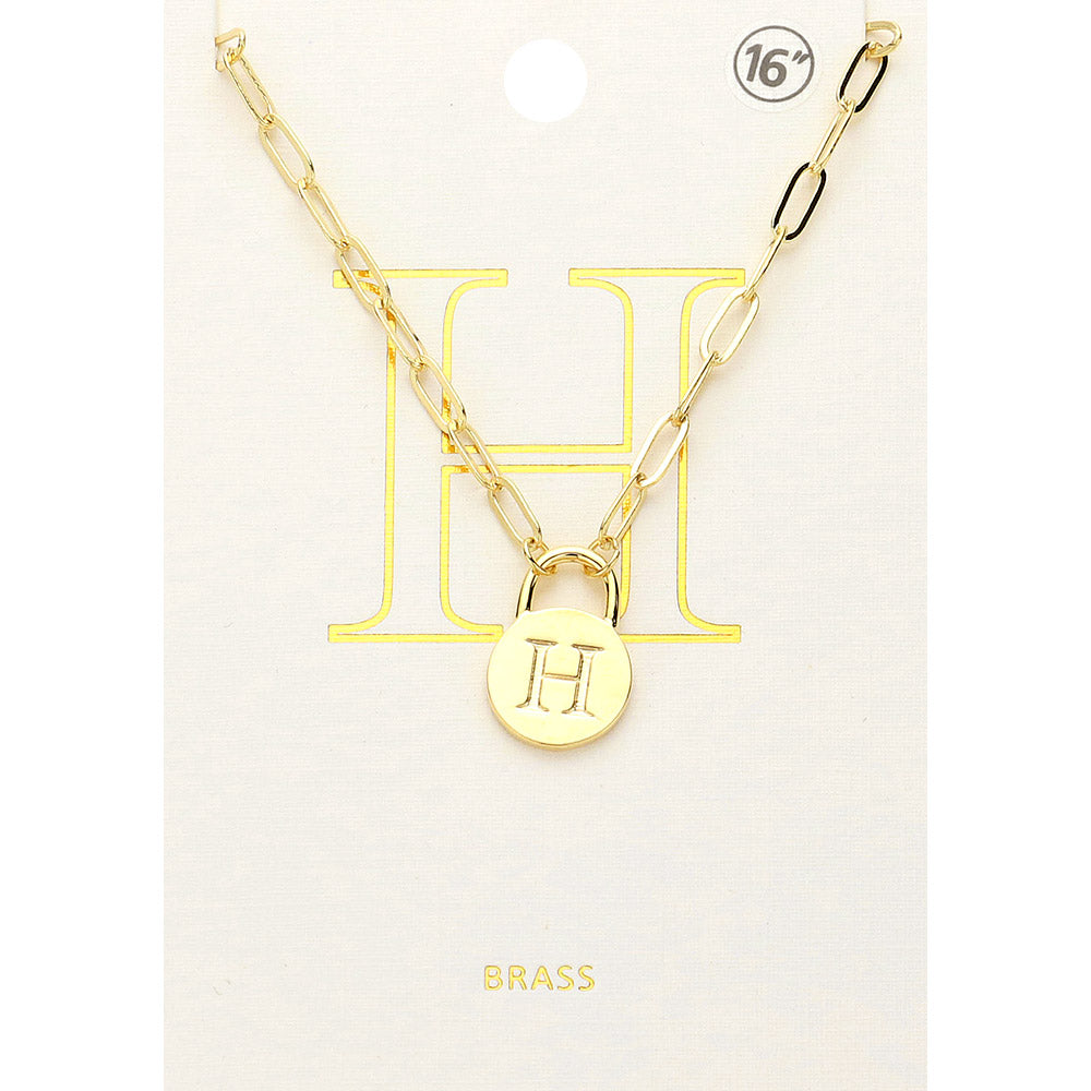 -H- Brass Metal Initial Monogram Lock Pendant Necklace