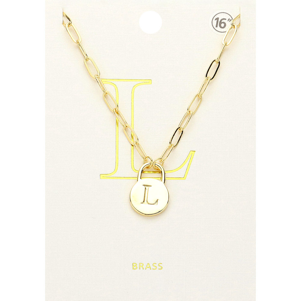 -L- Brass Metal Initial Monogram Lock Pendant Necklace