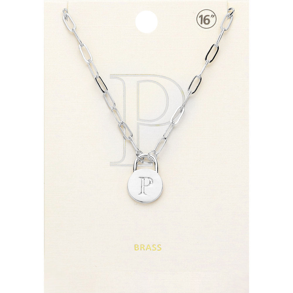 -P- Brass Metal Initial Monogram Lock Pendant Necklace