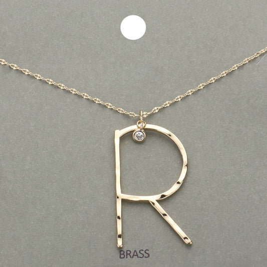 -R- Initial Monogram Brass Metal Pendant Necklace