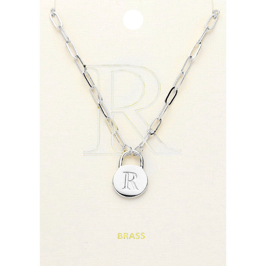 -R- Brass Metal Initial Monogram Lock Pendant Necklace