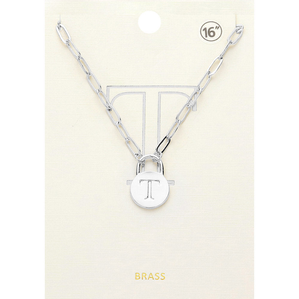 -T- Brass Metal Initial Monogram Lock Pendant Necklace