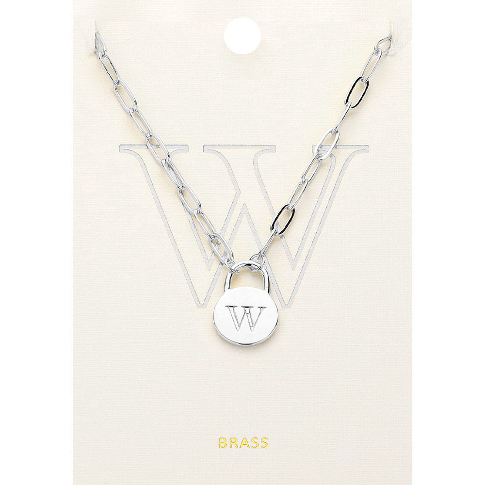 -W- Brass Metal Initial Monogram Lock Pendant Necklace