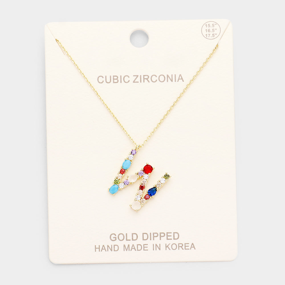 Gold Dipped CZ Letter W Initial Monogram Pendant Necklace