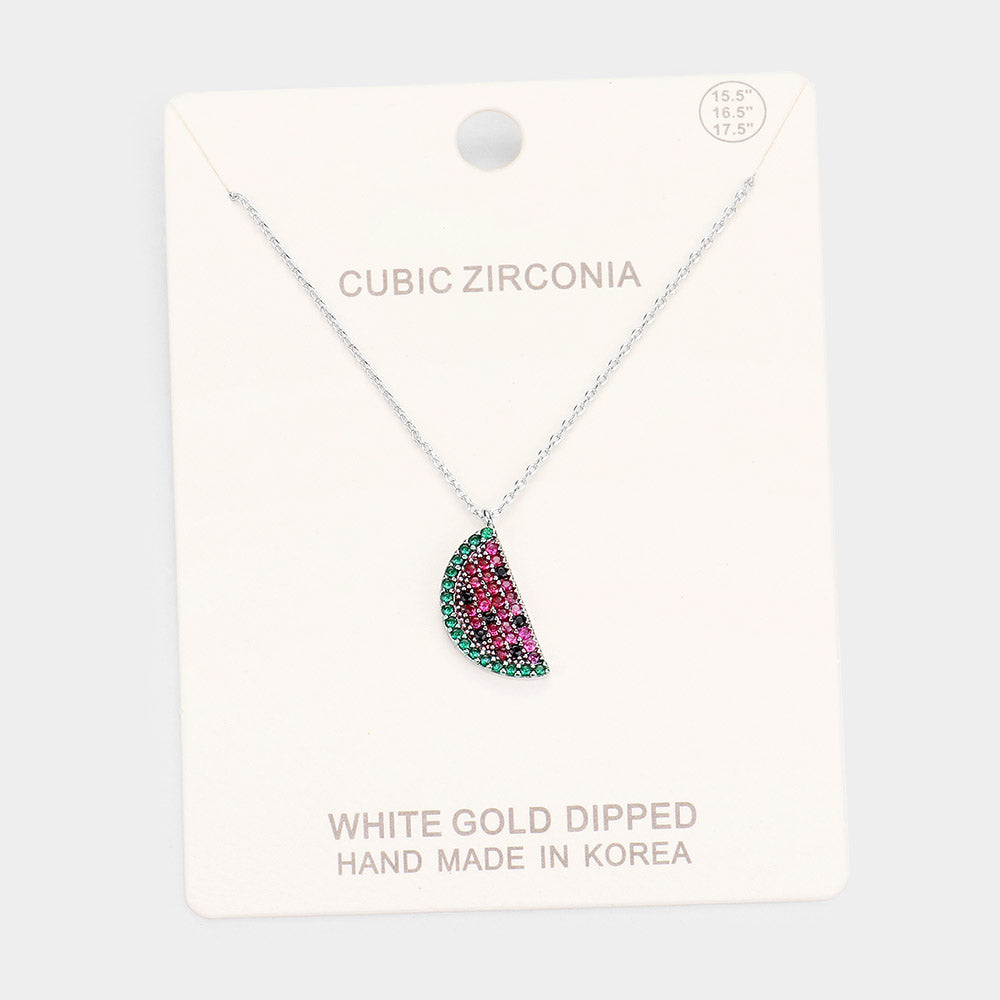 White Gold Dipped CZ Watermelon Pendant Necklace