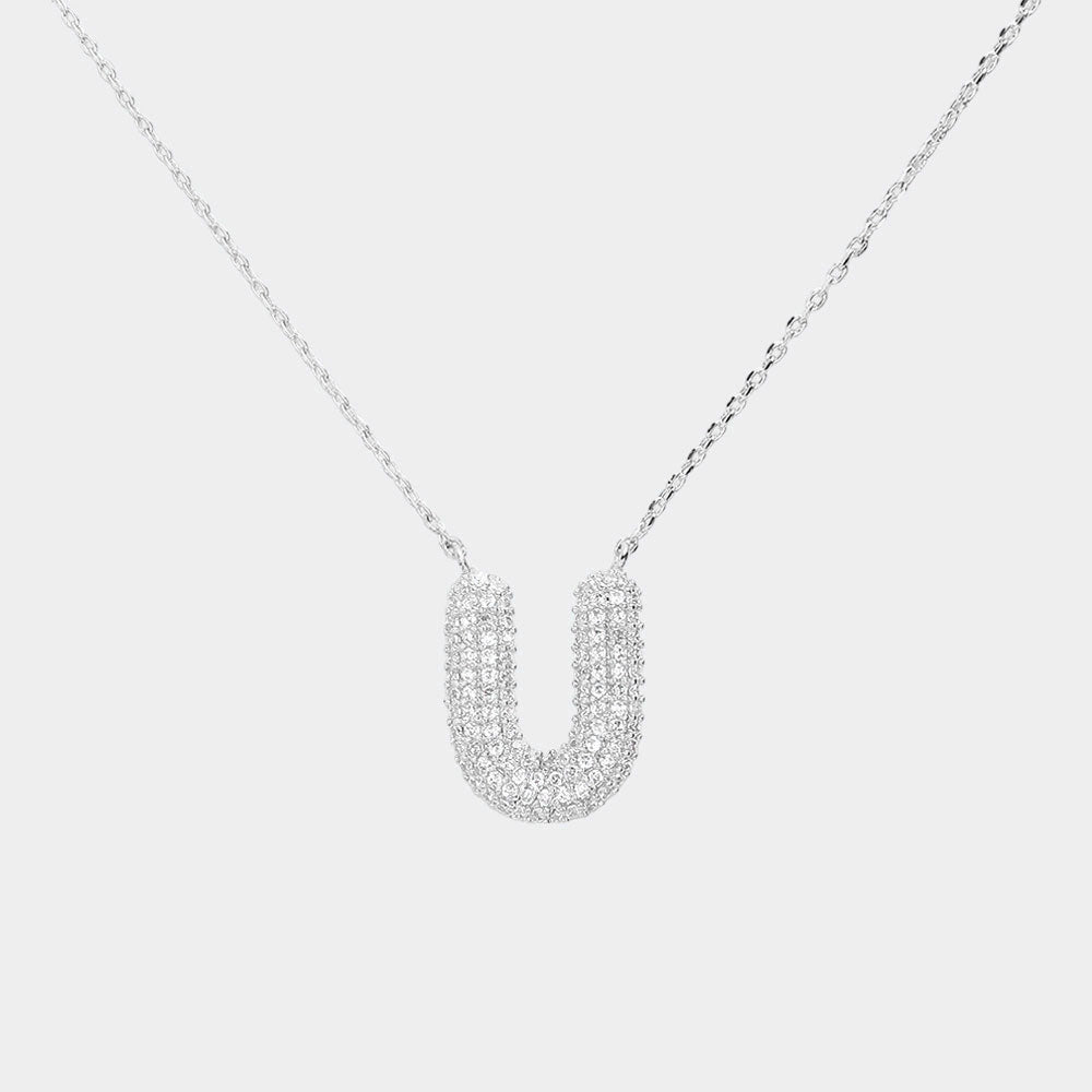 -U- White Gold Dipped CZ Initial Monogram Pendant Necklace