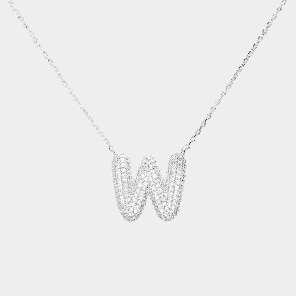 -W- White Gold Dipped CZ Initial Monogram Pendant Necklace