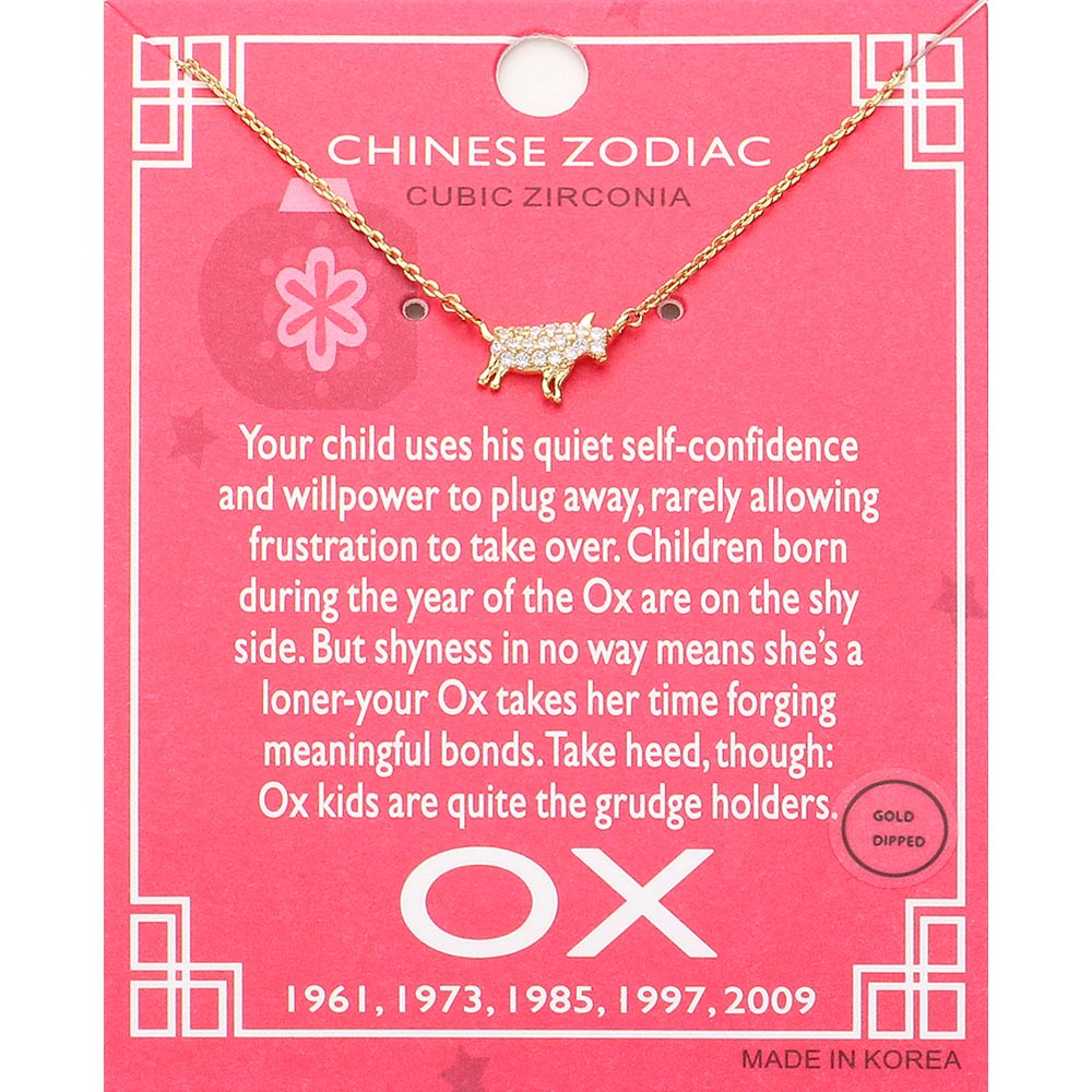 Lunar 12 Zodiac Gold Dipped CZ Ox Pendant Necklace