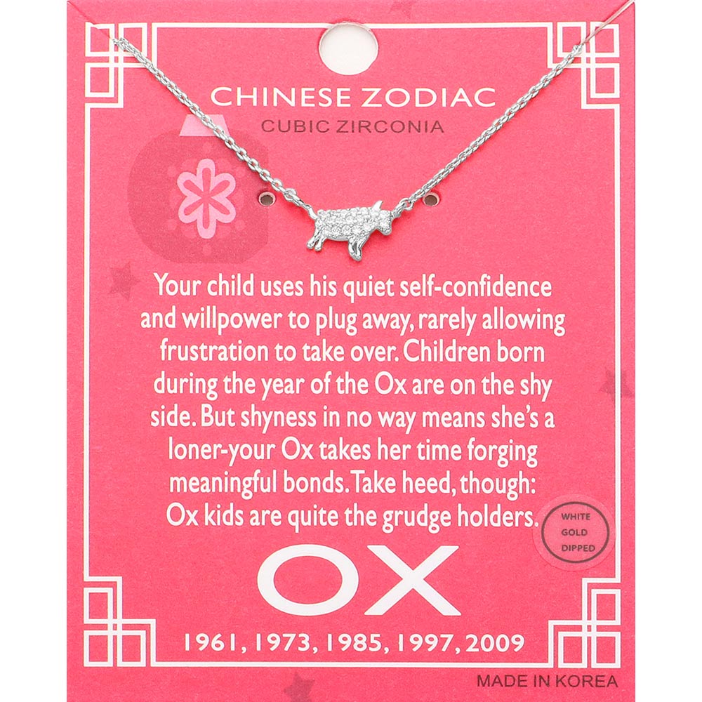 Lunar 12 Zodiac White Gold Dipped CZ Ox Pendant Necklace