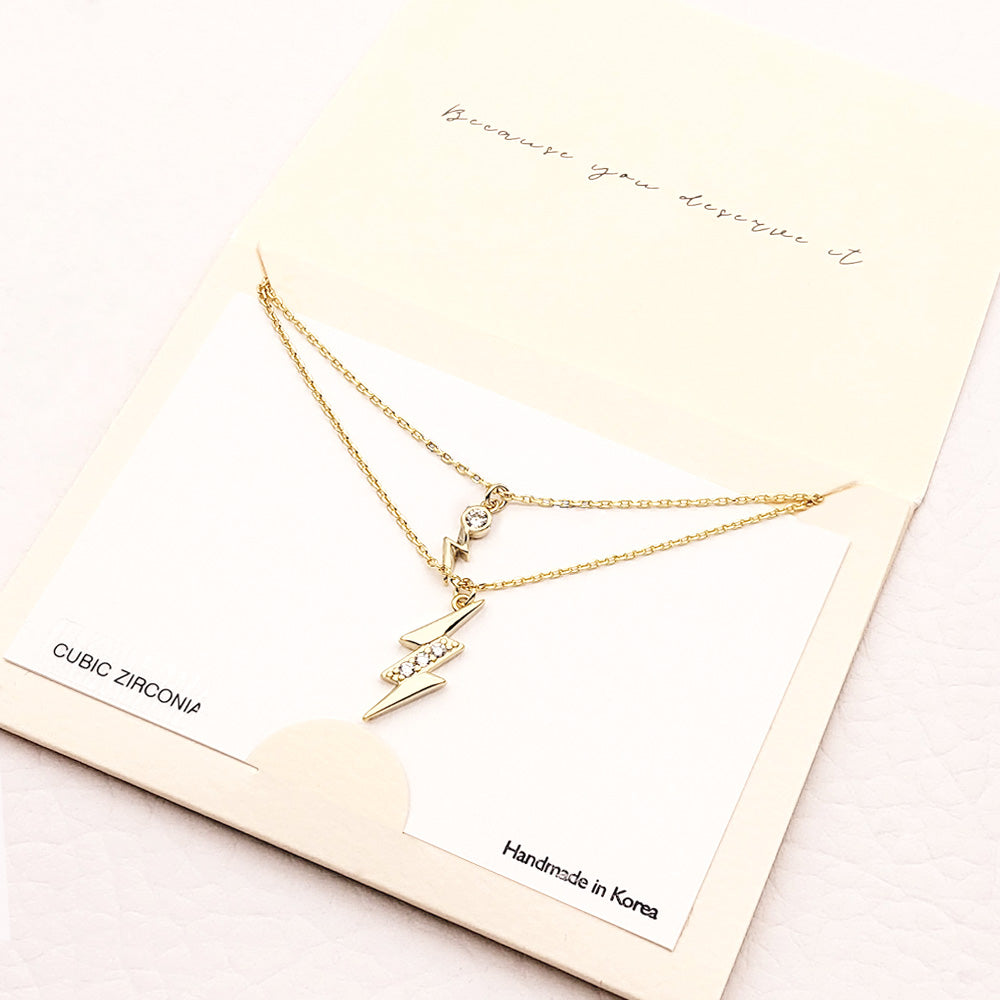CZ Embellished Metal Lightning Pendant Double Layered Necklace