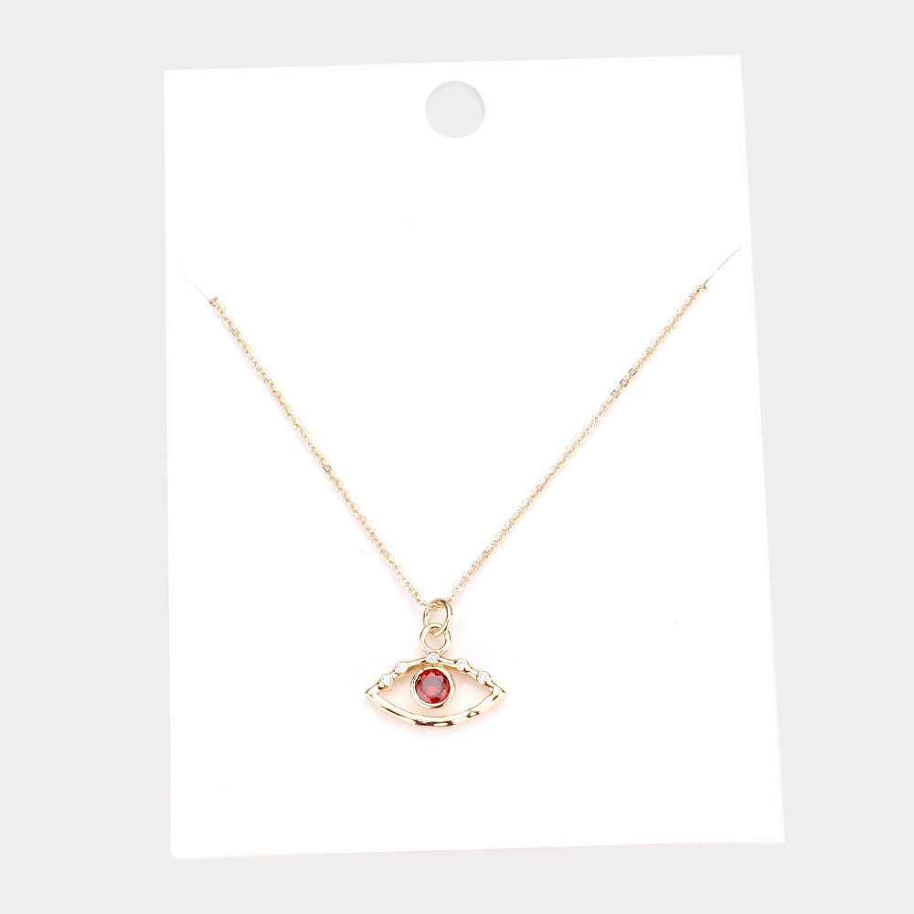 Stone Centered Brass Metal Evil Eye Pendant Necklace