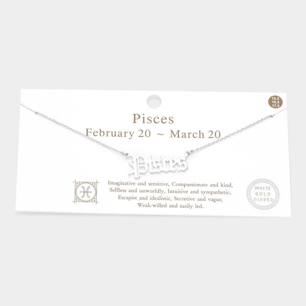 Pisces White Gold Dipped Zodiac Name Pendant Necklace