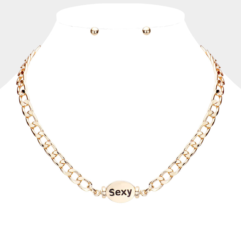 SEXY Metal Oval Message Pendant Necklace