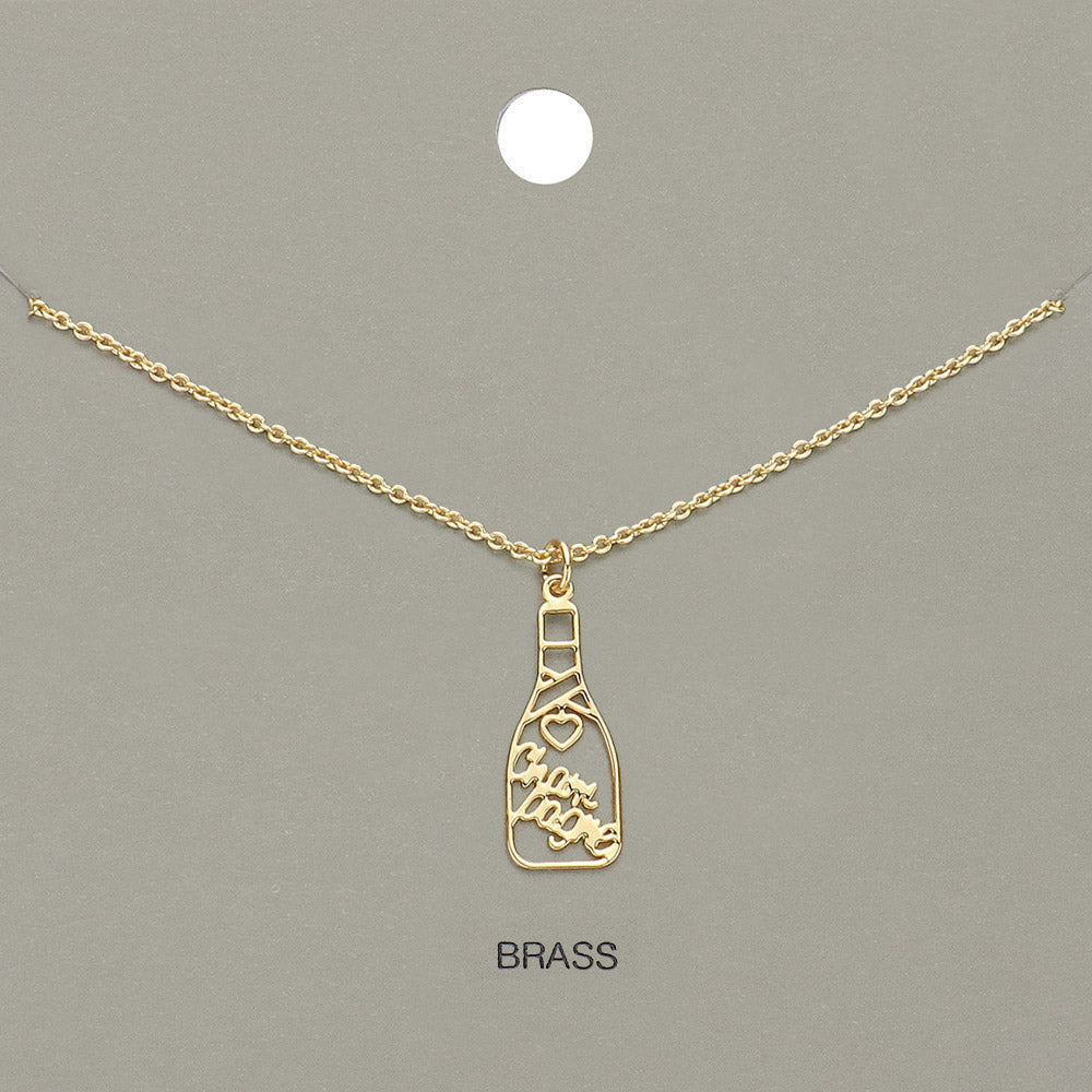 Cheers Message Champagne Bottle Brass Metal Pendant Necklace