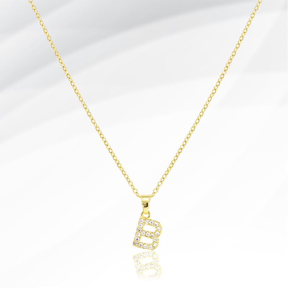 -B- Stainless Steel CZ Stone Paved Initial Monogram Pendant Necklace