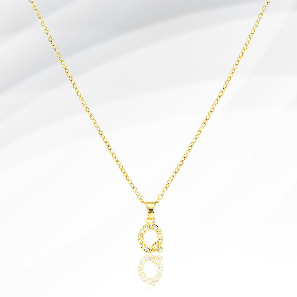 -Q- Stainless Steel CZ Stone Paved Initial Monogram Pendant Necklace