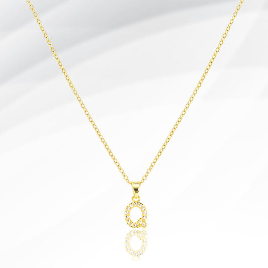 -Q- Stainless Steel CZ Stone Paved Initial Monogram Pendant Necklace