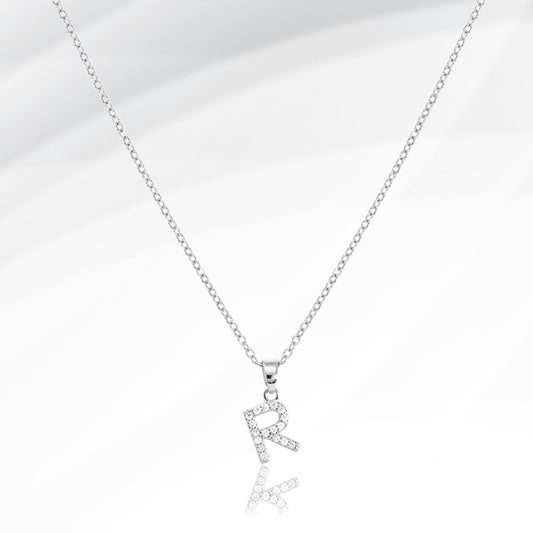 -R- Stainless Steel CZ Stone Paved Initial Monogram Pendant Necklace
