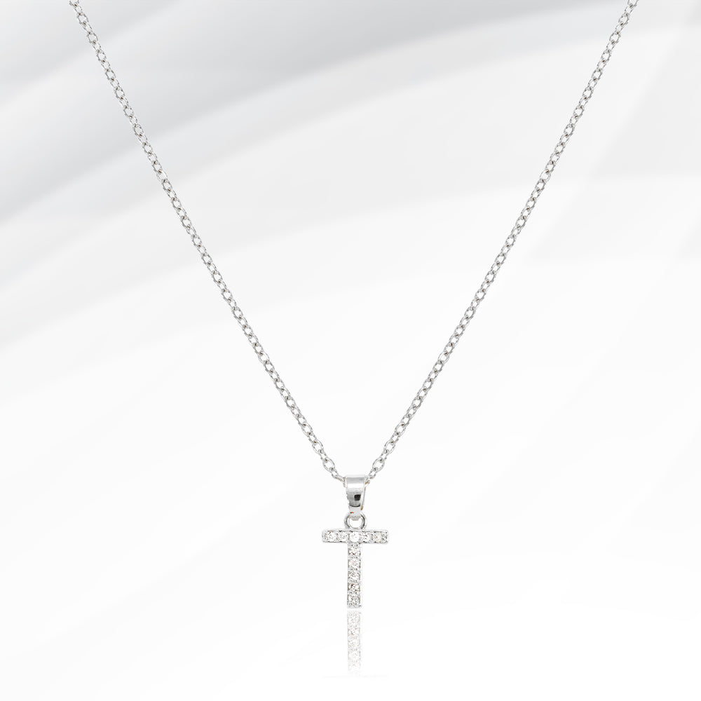 -T- Stainless Steel CZ Stone Paved Initial Monogram Pendant Necklace
