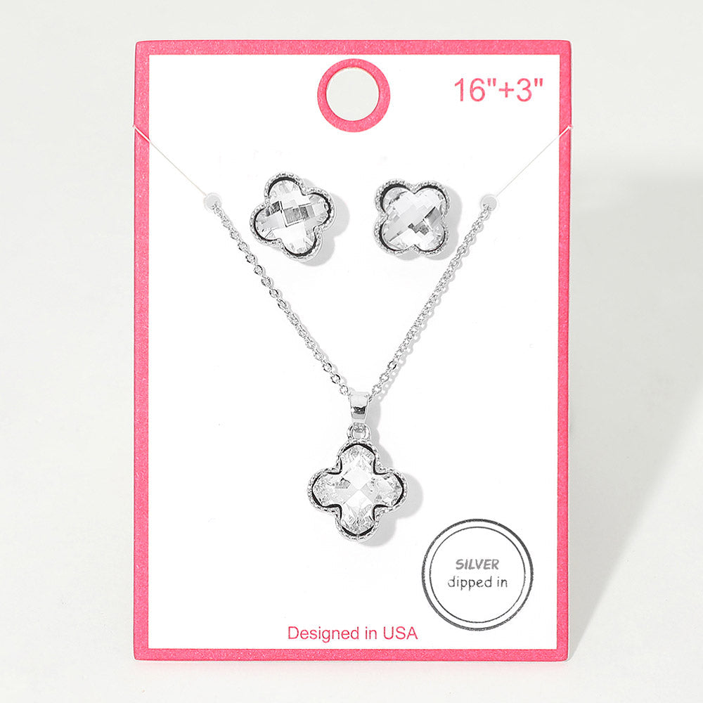 Silver Dipped Quatrefoil Stone Pendant Necklace