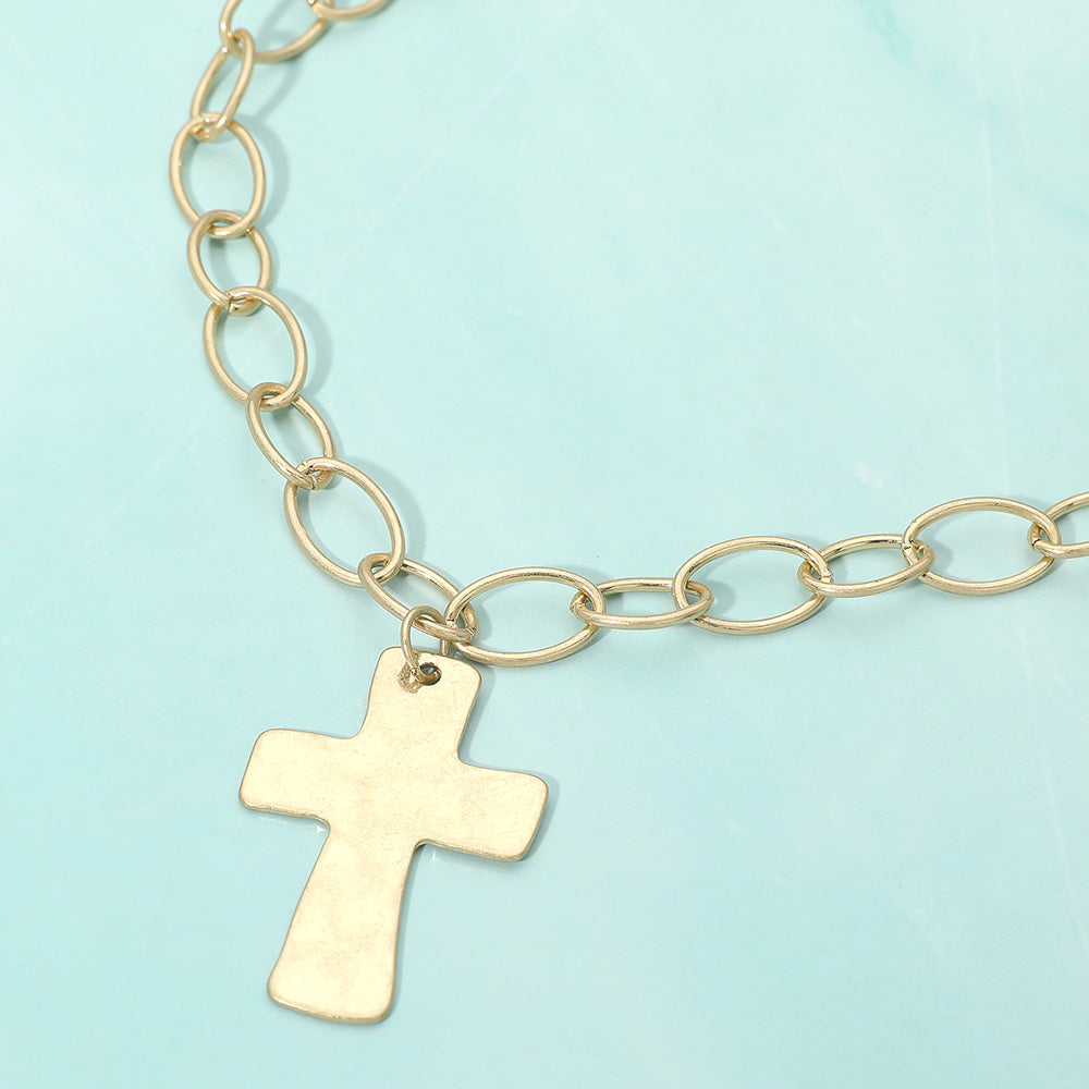 18K Gold Dipped Chunky Cross Pendant Oval Link Chain Statement Necklace
