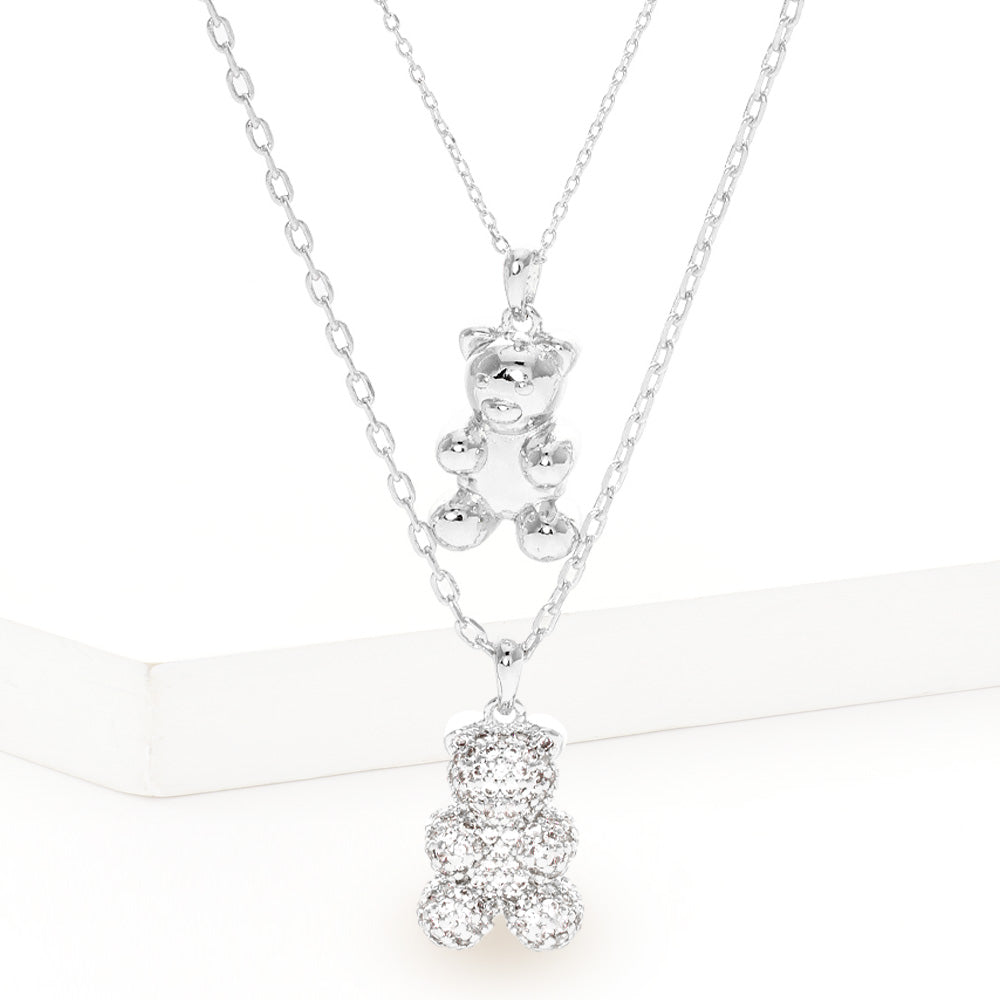 White Gold Dipped CZ Embellished Metal Bear Pendant Double Layered Necklace