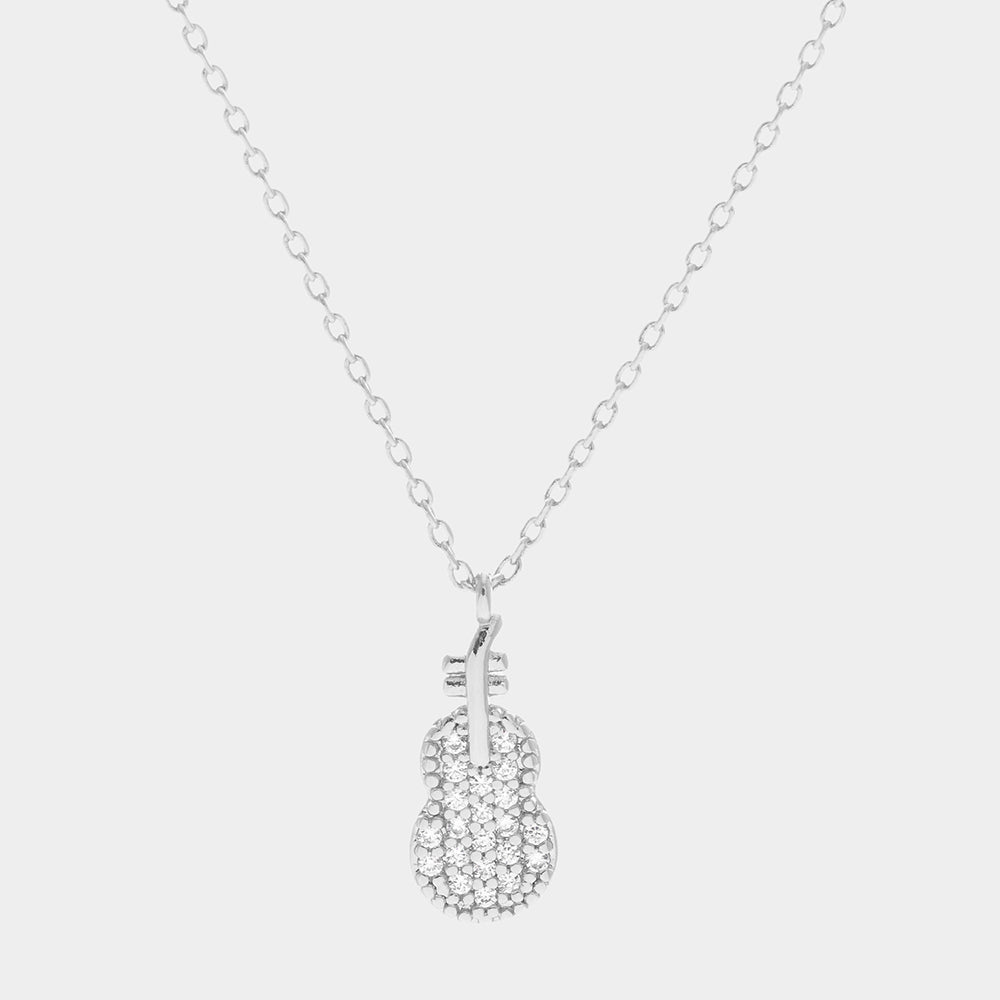 White Gold Dipped CZ Violin Pendant Necklace