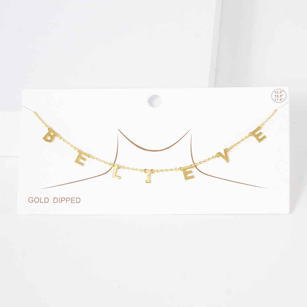 BELIEVE Gold Dipped Metal Message Pendant Station Necklace