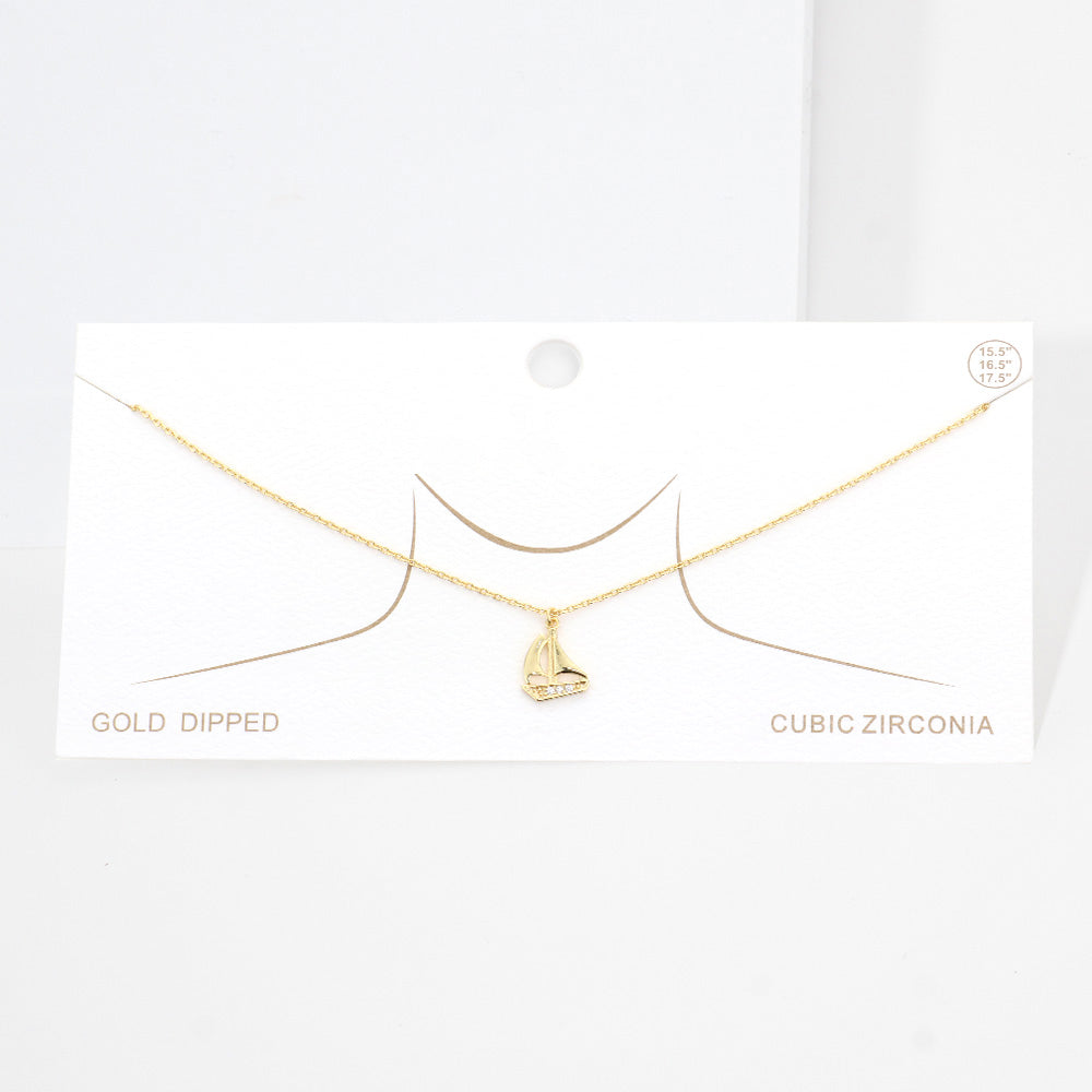 Gold Dipped CZ Embellished Sailboat Pendant Necklace
