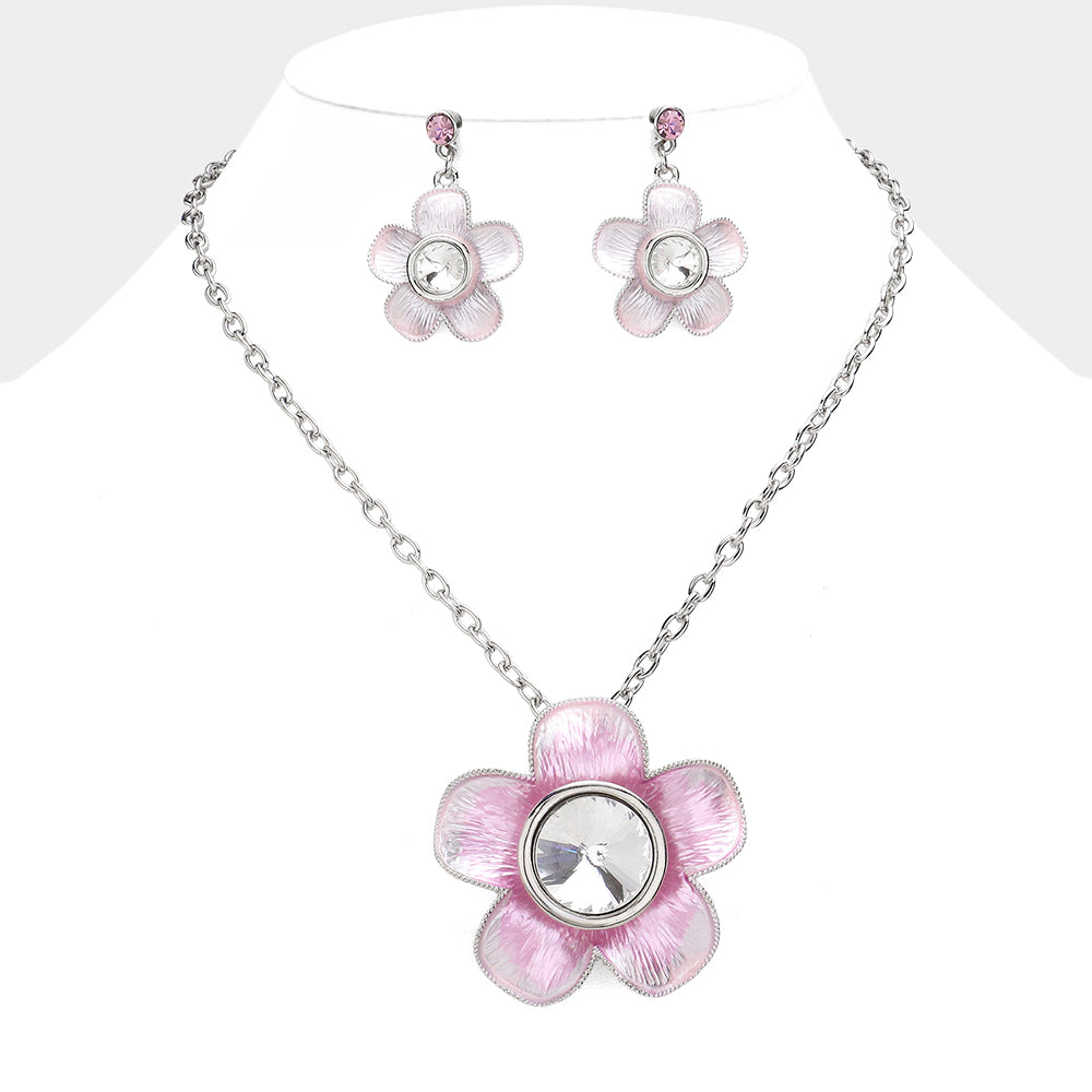 Glass Stone Pointed Colored Metal Flower Pendant Necklace