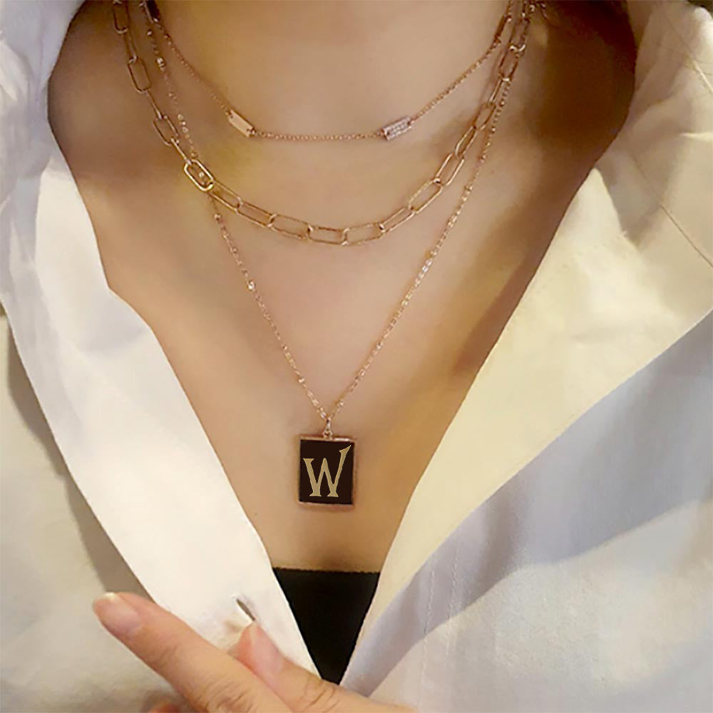 -W- Gold Dipped Enamel Rectangle Initial Monogram Pendant Necklace