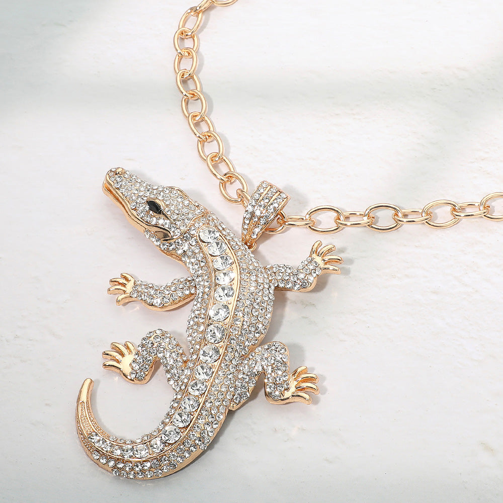 Bold Bling Studded Alligator Pendant Chunky Chain Statement Necklace