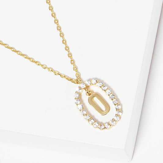 -O- Gold Dipped Metal Initial Monogram Rhinestone Oval Link Pendant Necklace