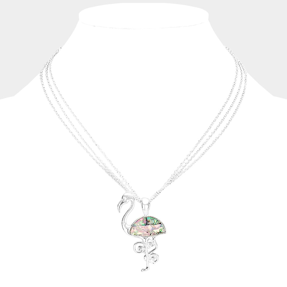 Abalone Metal Flamingo Pendant Triple Chain Layered Necklace