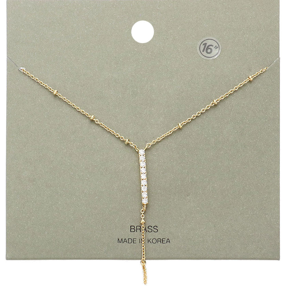 Brass Metal Rhinestone Embellished Bar Pendant Y Necklace