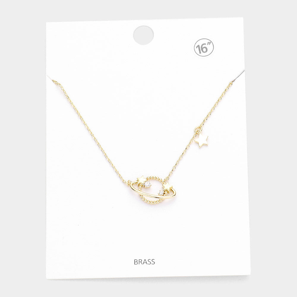 Rhinestone Embellished Brass Metal Space Star Pendant Necklace