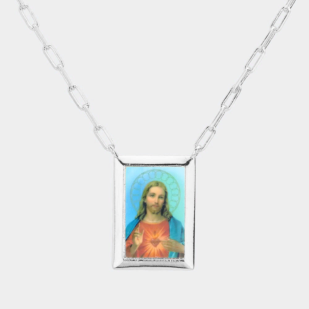 White Gold Dipped Brass Metal Sacred Heart of Jesus Pendant Necklace