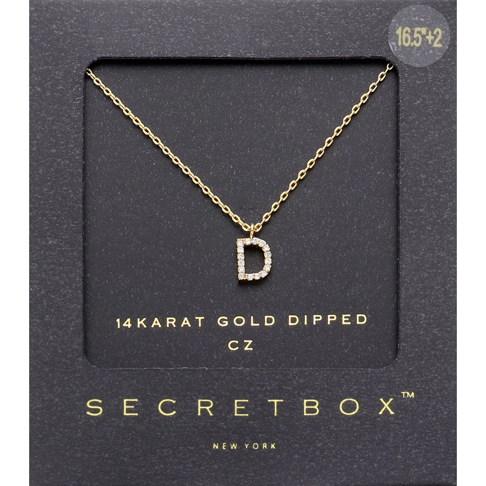 -D- Secret Box _ 14K Gold Dipped CZ Initial Monogram Pendant Necklace