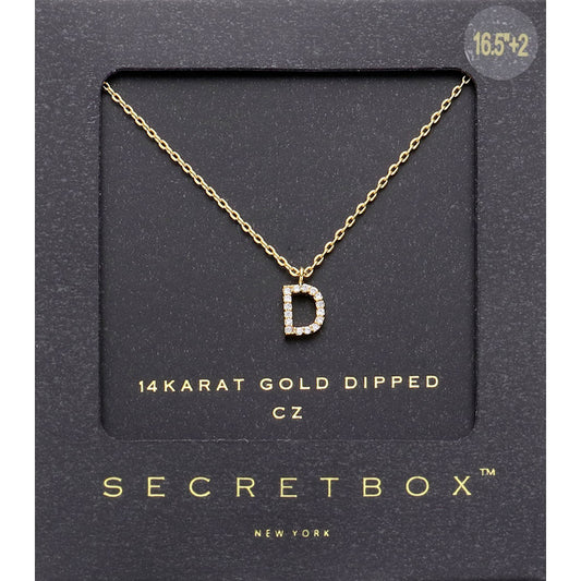 -D- Secret Box _ 14K Gold Dipped CZ Initial Monogram Pendant Necklace