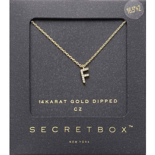 -F- Secret Box _ 14K Gold Dipped CZ Initial Monogram Pendant Necklace