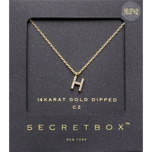 -H- Secret Box _ 14K Gold Dipped CZ Initial Monogram Pendant Necklace