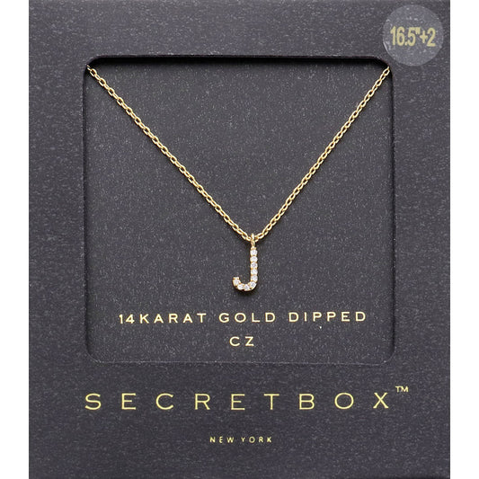 -J- Secret Box _ 14K Gold Dipped CZ Initial Monogram Pendant Necklace