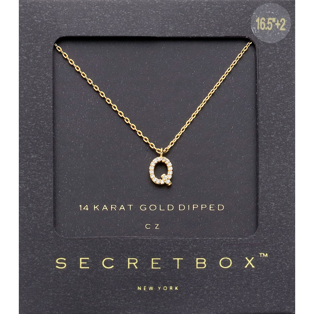 -Q- Secret Box _ 14K Gold Dipped CZ Initial Monogram Pendant Necklace