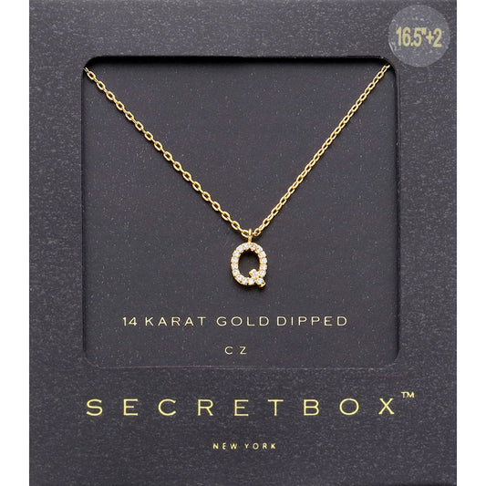 -Q- Secret Box _ 14K Gold Dipped CZ Initial Monogram Pendant Necklace