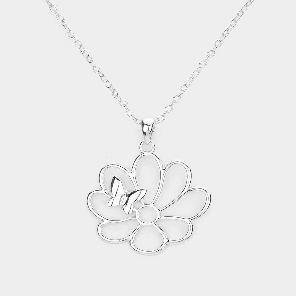 Metal Cutout Flower Butterfly 
 Pendant Necklace