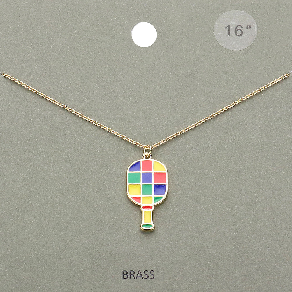 Enamel Checkered Pickleball Paddle Pendant Necklace