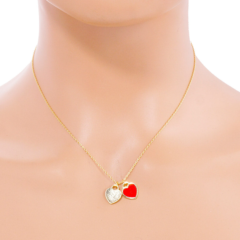 Enamel Metal Double Heart Pendant Necklace