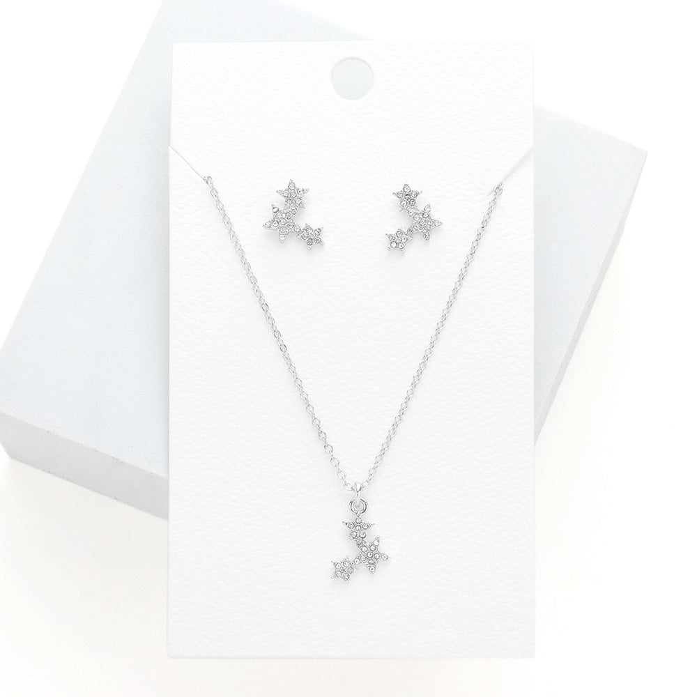 Rhinestone Embellished Triple Star Pendant Necklace