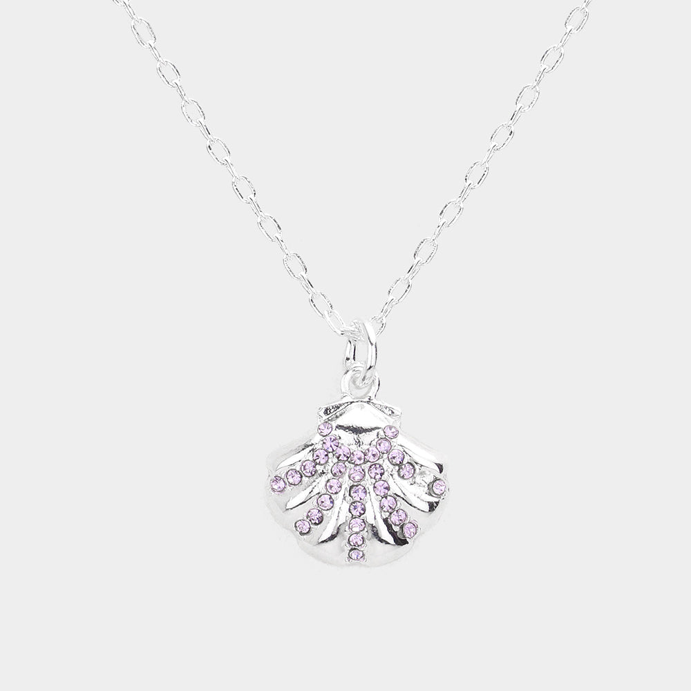 Rhinestone Embellished Metal Shell Pendant Necklace